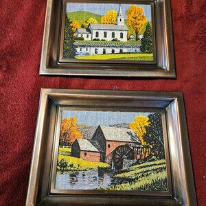 mid century  country water mill &white church pictures on burlap in copper frame